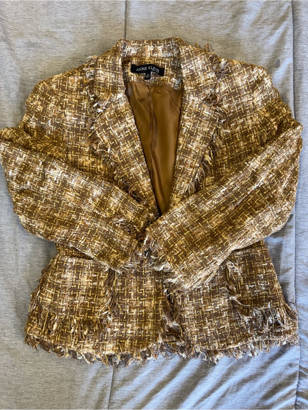 Anne Klein Multi-Tone Brown Tweed Fringe Blazer